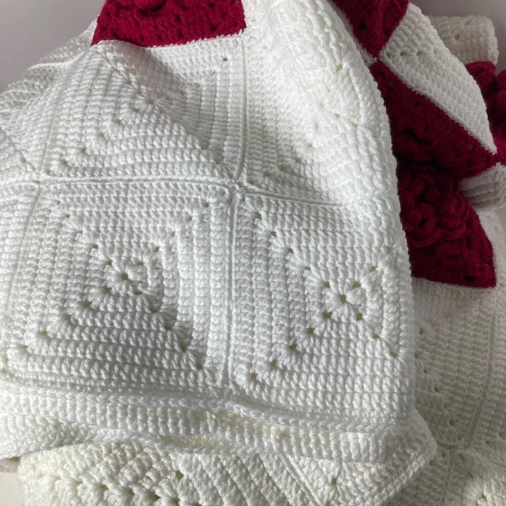 Handmade Crochet Blanket‎ White Red Flowers Square 64 x 64